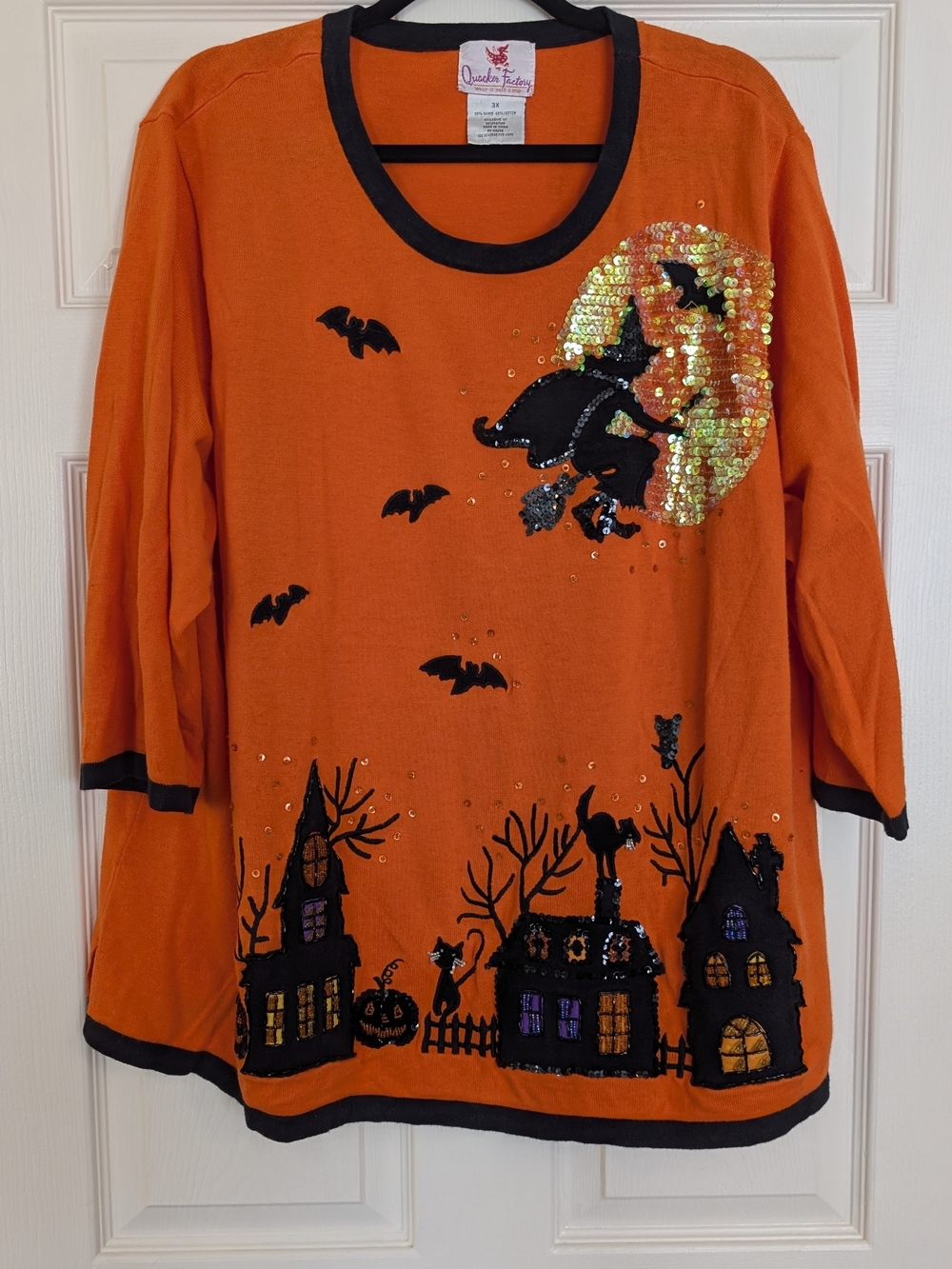 Quacker Factory Orange Halloween Tunic with Black Appliques & Gold Sequin Moon